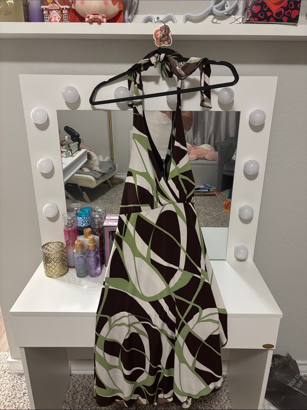 Small Halter A-Line Maxi Dress in Brown, Cream & Green